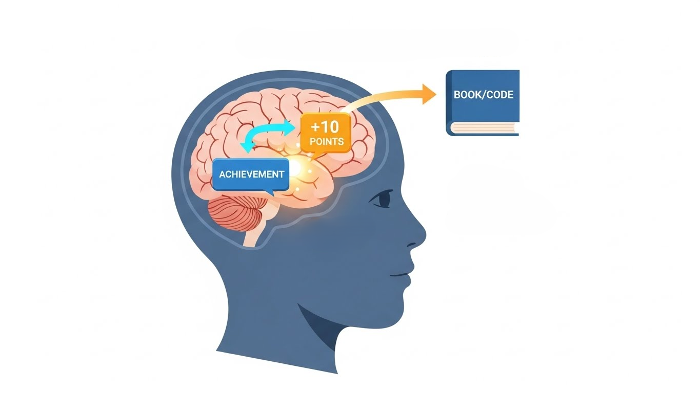 Инфографика, объясняющая психологию геймификации: 'быстрые победы' (ачивки) в обучении активируют центры удовольствия (дофамин) в мозге ребенка, создавая мотивацию к обучению.