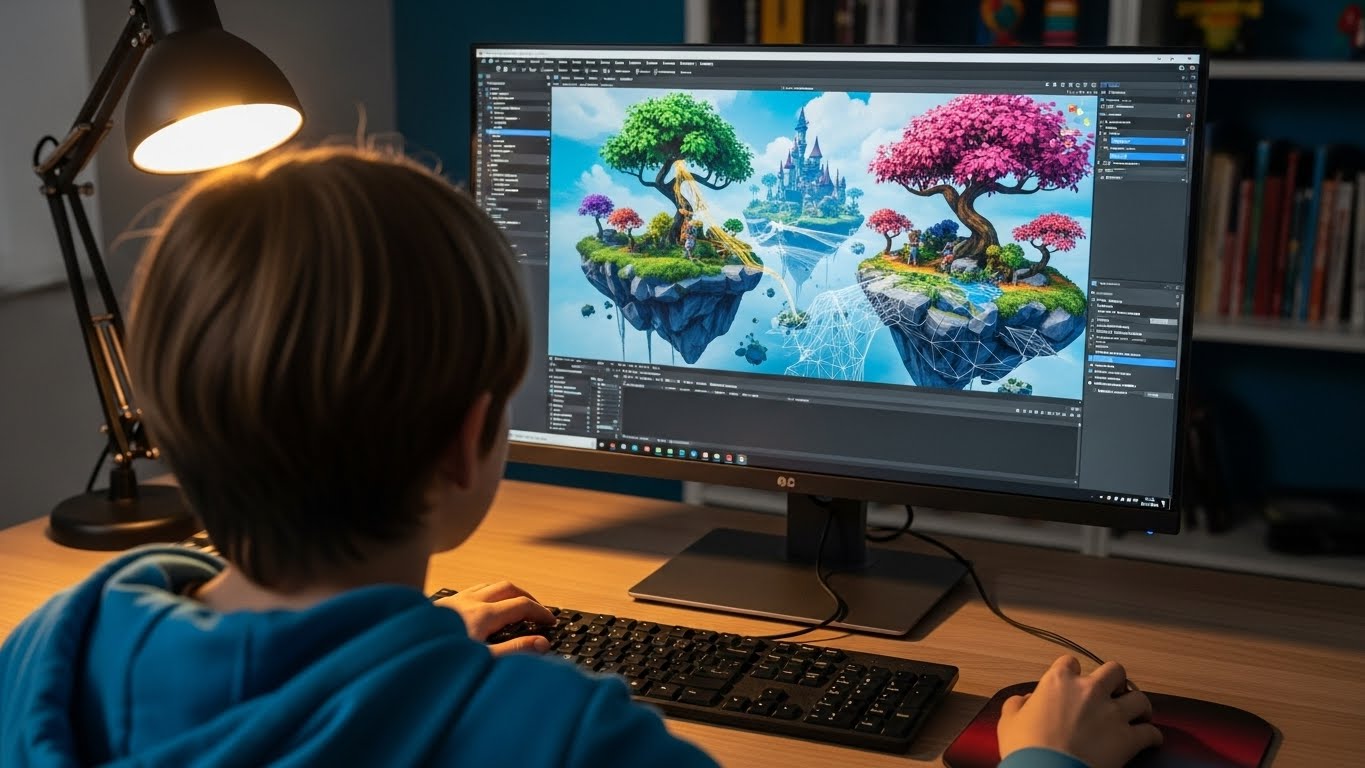 Ребенок с увлечением работает в 3D-редакторе Roblox Studio, используя геймификацию для изучения программирования и создания своего проекта.